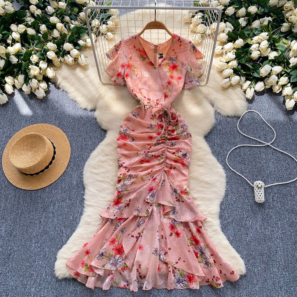 High and cold royal sister goddess style dress scheming pleated straps waist asymmetrical floral chiffon mermaid dress dress