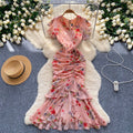 High and cold royal sister goddess style dress scheming pleated straps waist asymmetrical floral chiffon mermaid dress dress