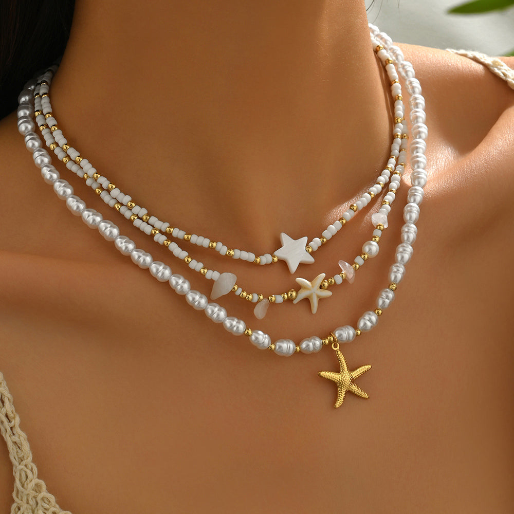 Wholesale resort-style necklaces, european and american cross-border niche luxury accessories, bohemian-style pearl and starfish sweater chains