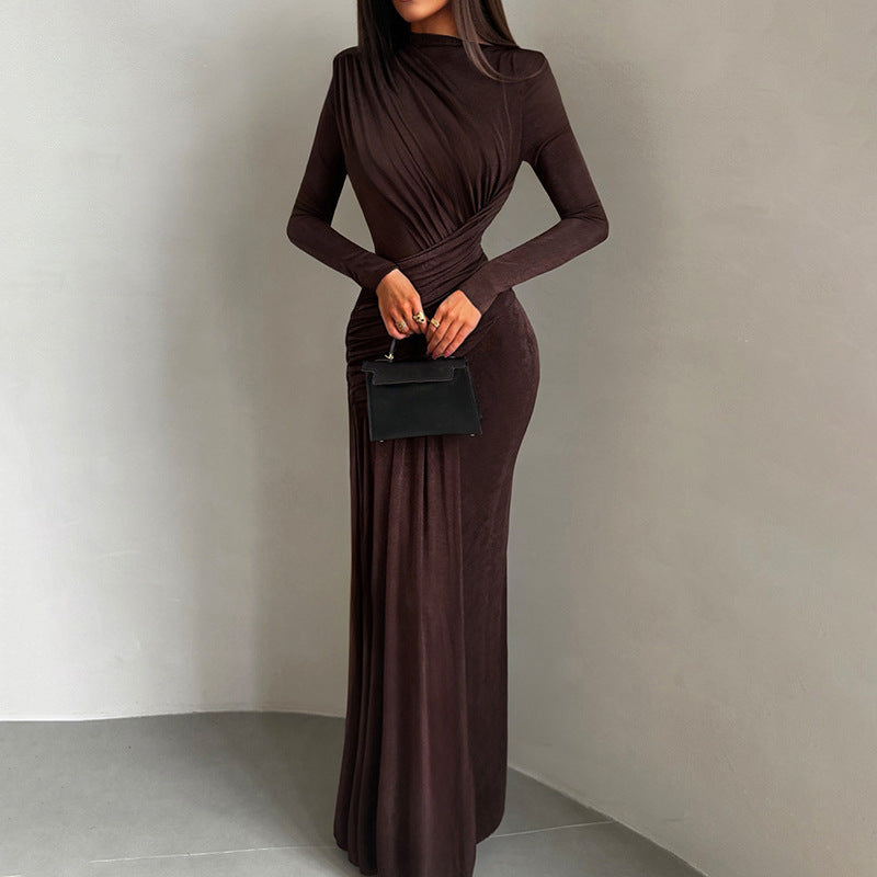 Export fashion european and american style  autumn/winter new collection - chic solid color crew neck long sleeve ruched bodycon dress for women