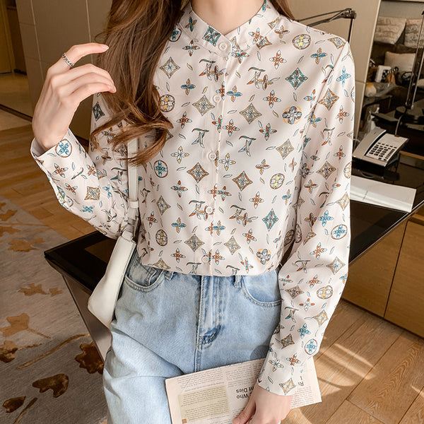 Real shot 2024 autumn French Hepburn style silk printed shirt femininity stand-up collar light luxury retro fashion shirt