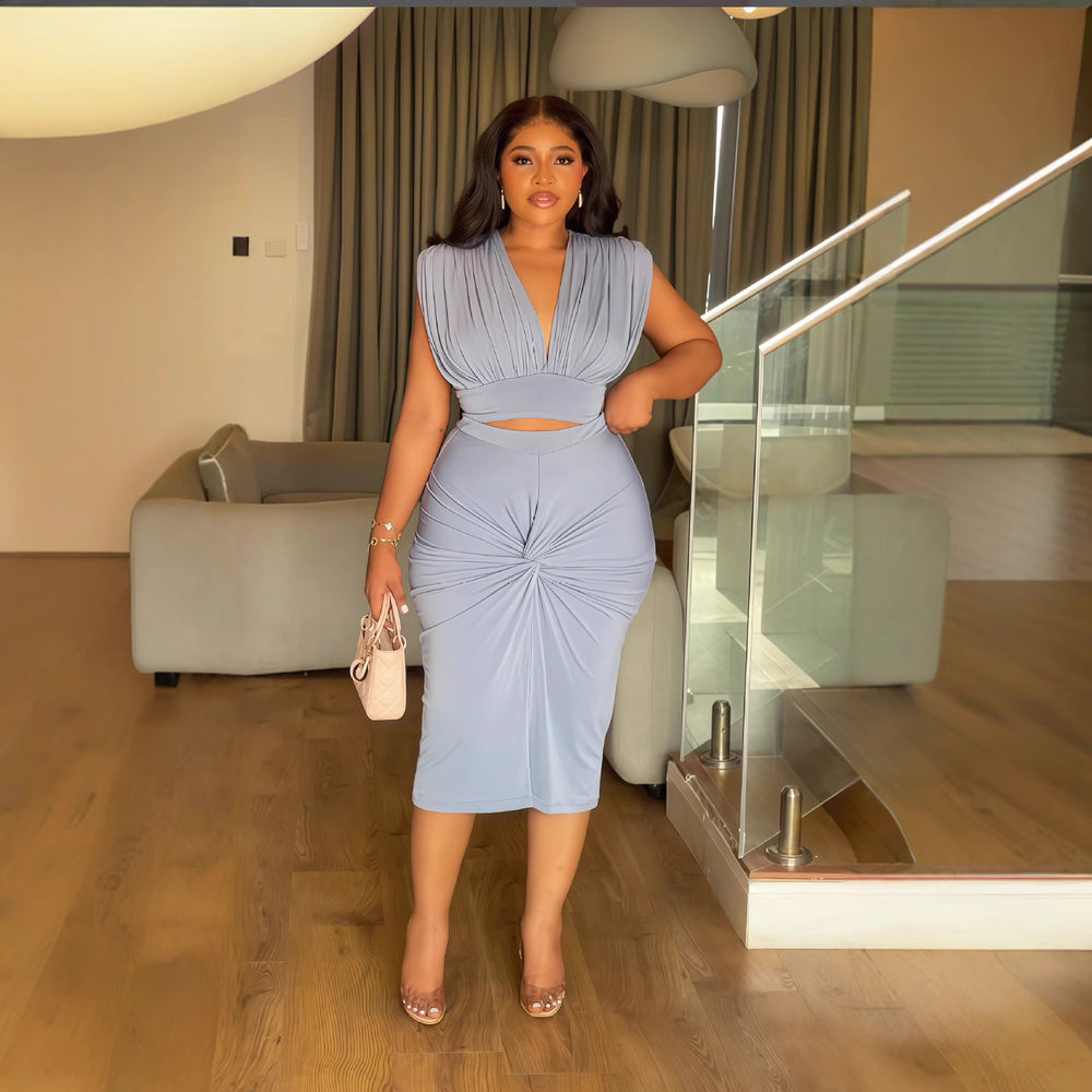 European and american cross-border women's fashion:  spring new arrival - solid color sleeveless ruched v-neck top & sexy bodycon two-piece set