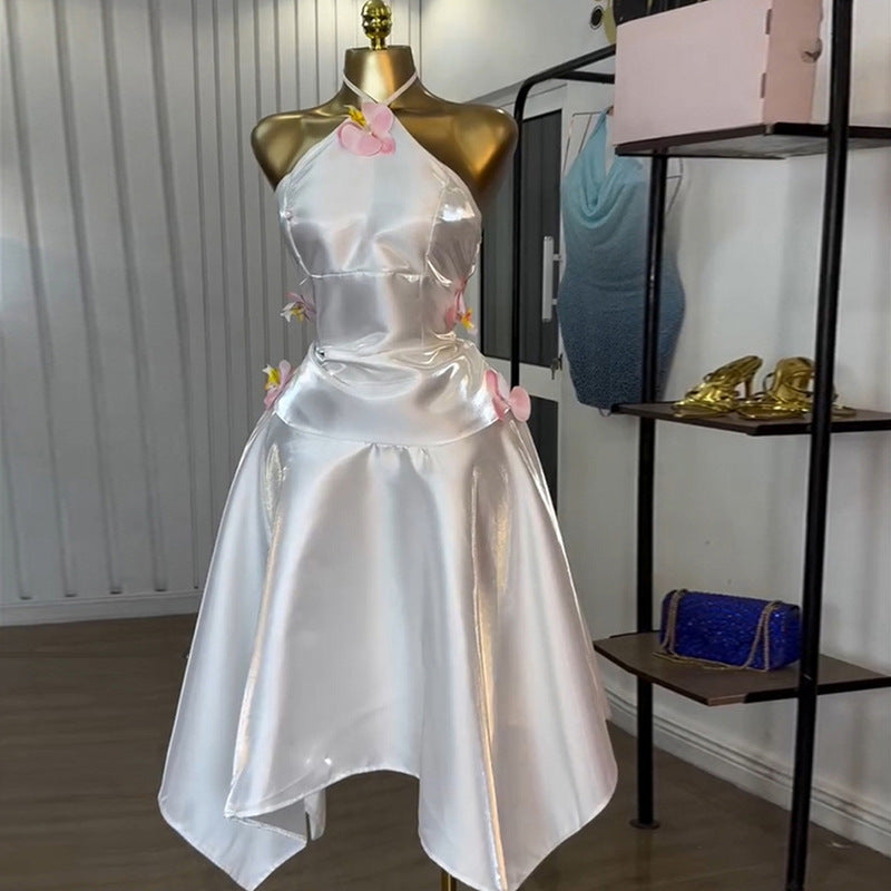 European and american cross-border women's fashion:  summer new arrivals - sexy and elegant butterfly embellished high-waisted halter neck asymmetrical dress