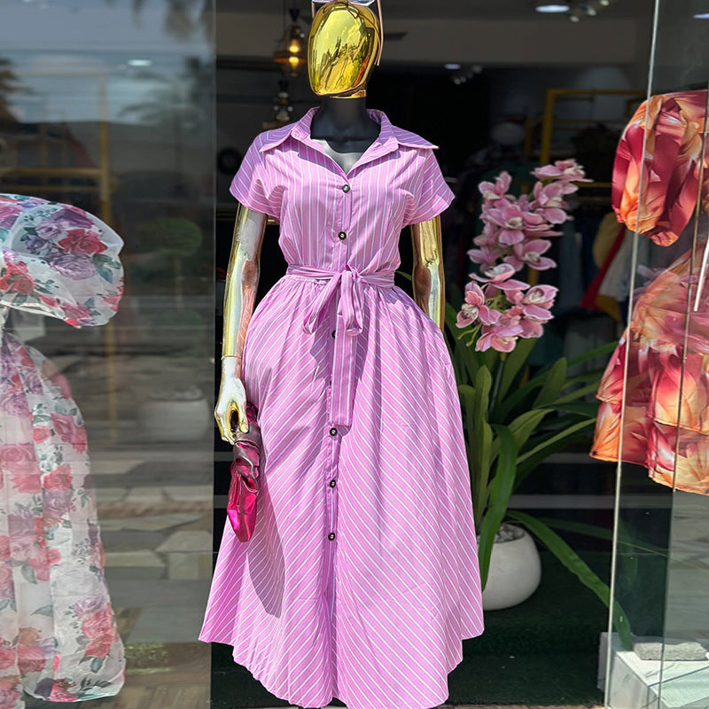 European and american cross-border women's fashion:  spring new arrival - stylish striped midi dress with turn-down collar, tie detail, and button-down front