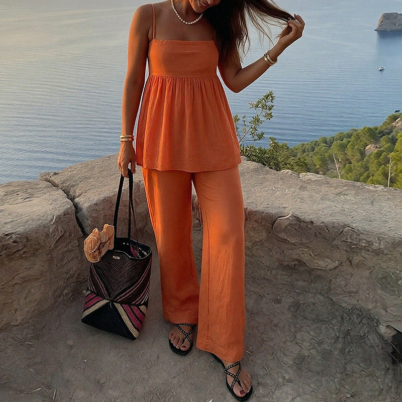 cross-border european and american women's clothing: new summer casual commute solid color camisole top and straight-leg pants fashion set