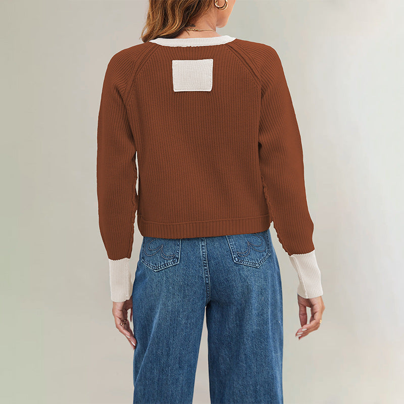 Cross-border 2025 autumn and winter new tiktop European and American round neck color matching fashion button contrasting knitted cardigan jacket