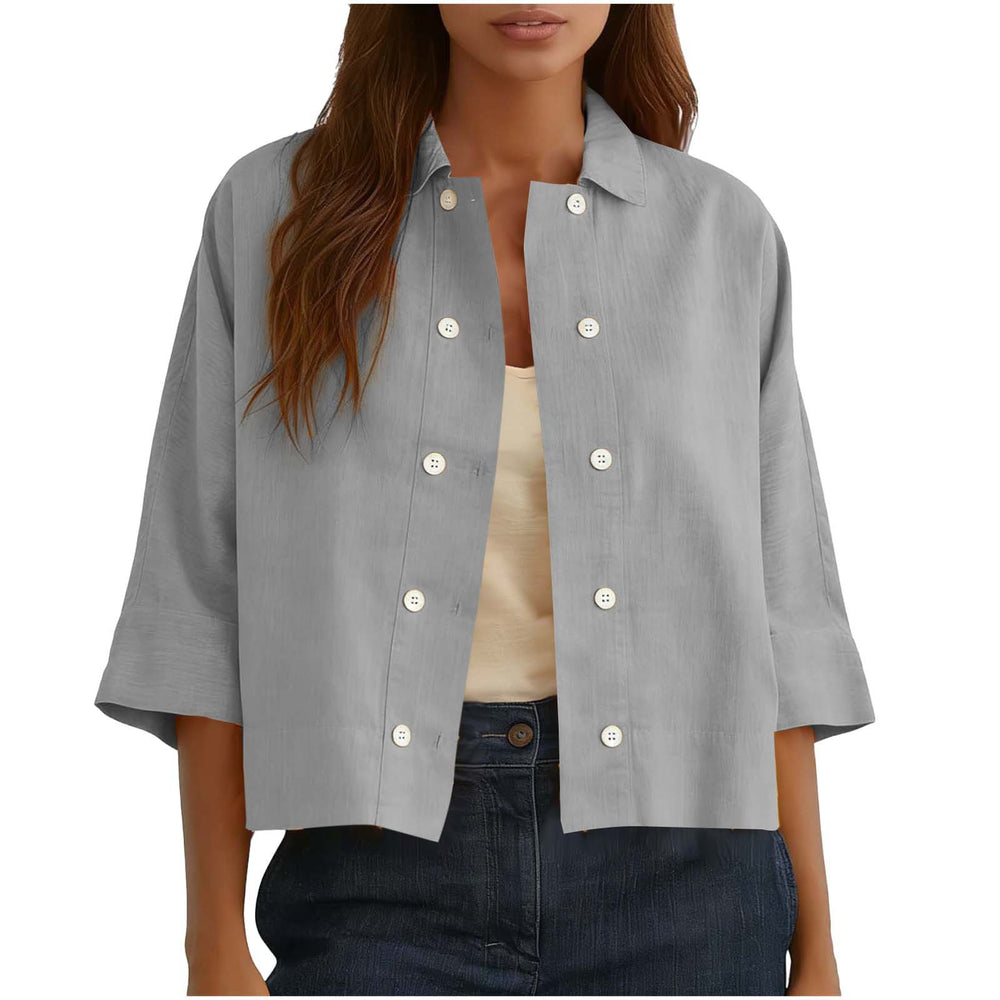 cross-border  solid color cotton linen double-breasted cropped short-sleeve cardigan shirt women's top blouse