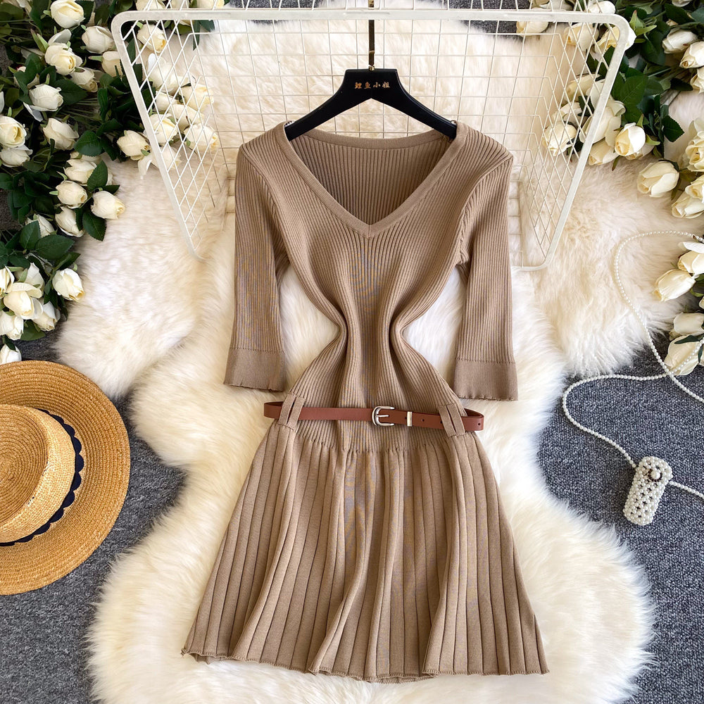 Vintage-inspired commute style v-neck knit dress - women's summer short sleeve pleated a-line dress with belt, designed to flatter and slim the waist