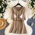 Vintage-inspired commute style v-neck knit dress - women's summer short sleeve pleated a-line dress with belt, designed to flatter and slim the waist