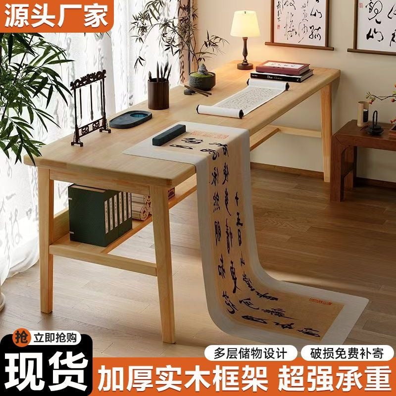 Solid wood computer desk, minimalist wall-mounted double desk for writing and studying, home bedroom narrow desk, office desk