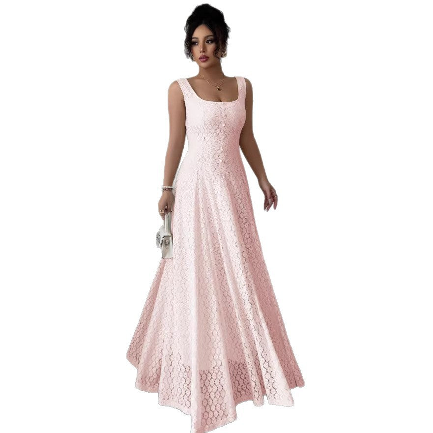Pink u-neck sleeveless tank dress - women's summer slim fit lace a-line maxi dress with a chic, edgy design