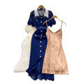 Palace style short-sleeved lapel dress women's summer mesh cut out crochet design royal sister long skirt with suspender skirt suit