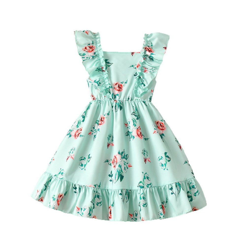 Exportgirldress with fungus edge flying sleeves one-line collar mint green printingsweet fresh kidssummer skirt