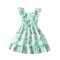 Exportgirldress with fungus edge flying sleeves one-line collar mint green printingsweet fresh kidssummer skirt