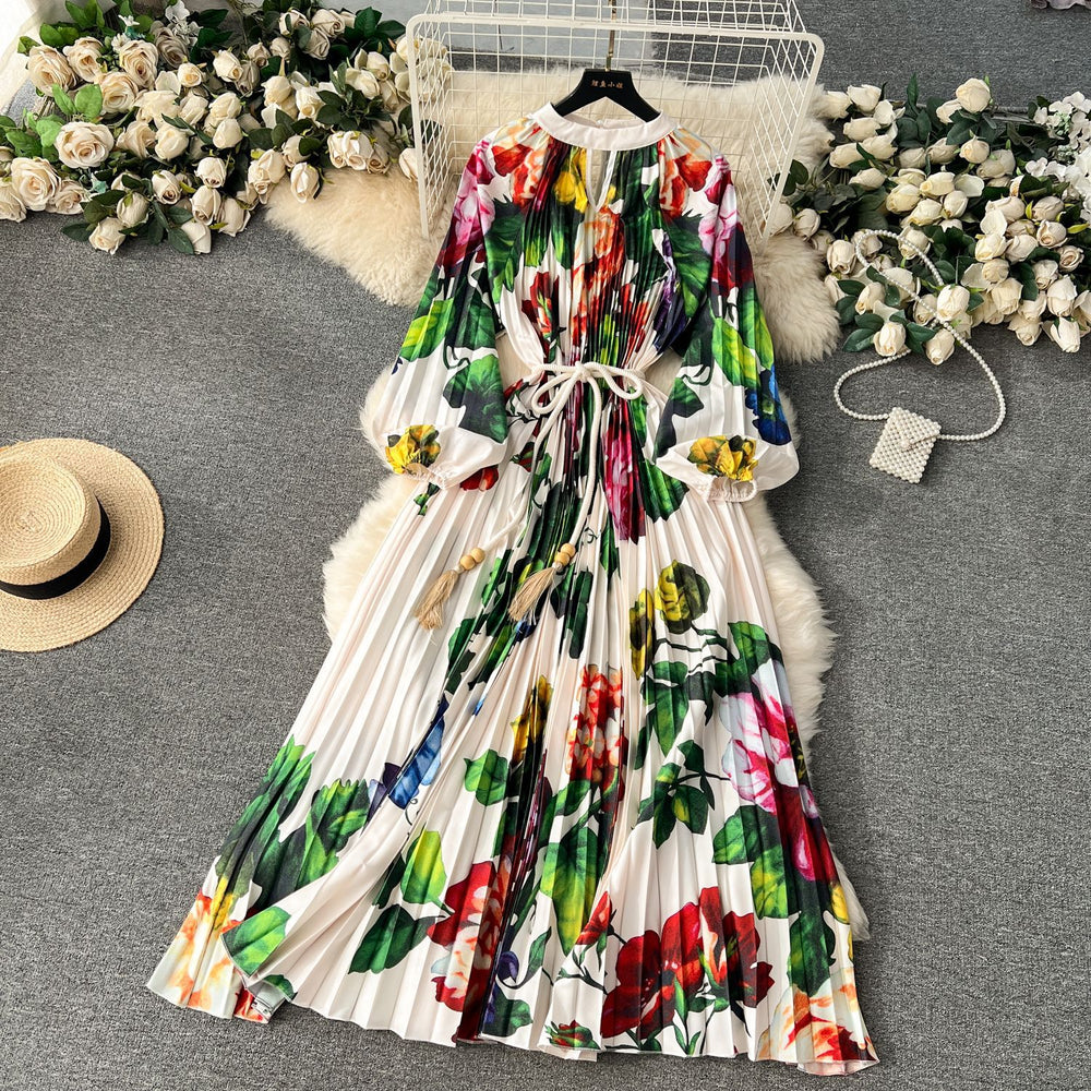 European and american retro court style design printed long dress with heavy pleating, puff sleeves, and pleated skirt - spring collection for women