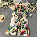 European and american retro court style design printed long dress with heavy pleating, puff sleeves, and pleated skirt - spring collection for women