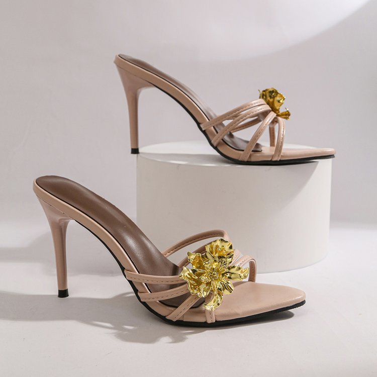 2026 new summer metallic floral french plus size fashion sandals - women's stiletto heel slippers for cross-border e-commerce