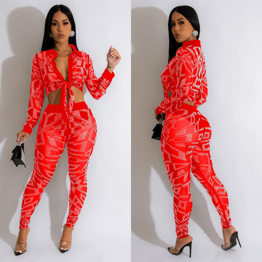 C6549 cross-border   fashion women's solid color mesh rhinestone long sleeve top and pants two-piece set
