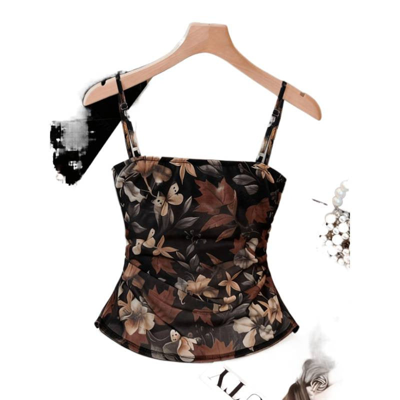 Women's summer new fashion versatile elegant mesh floral print ruched cami top