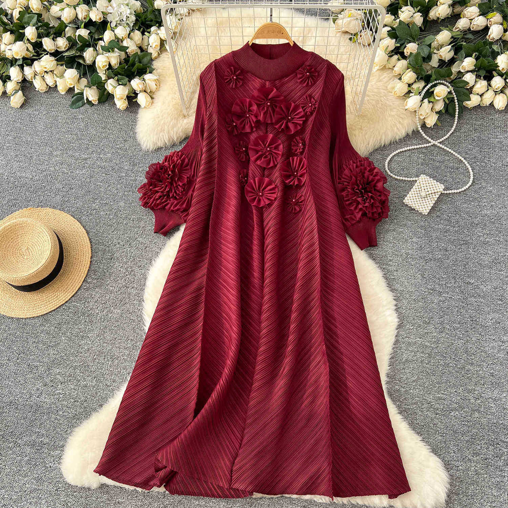 Miya pleated dress - spring  collection: high-end beaded, 3d floral, lantern sleeve, loose fit, pleated maxi dress