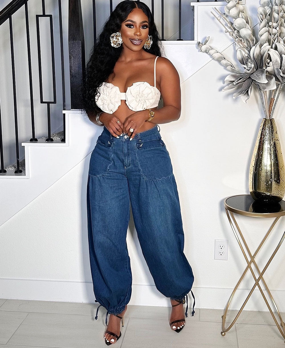 European and american style women's jeans -  cross-border fashion: versatile wide-leg casual pants with side zipper detail