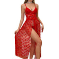 European and american style new sexy lingerie - lace see-through slip dress with mesh red heart slit maxi dress