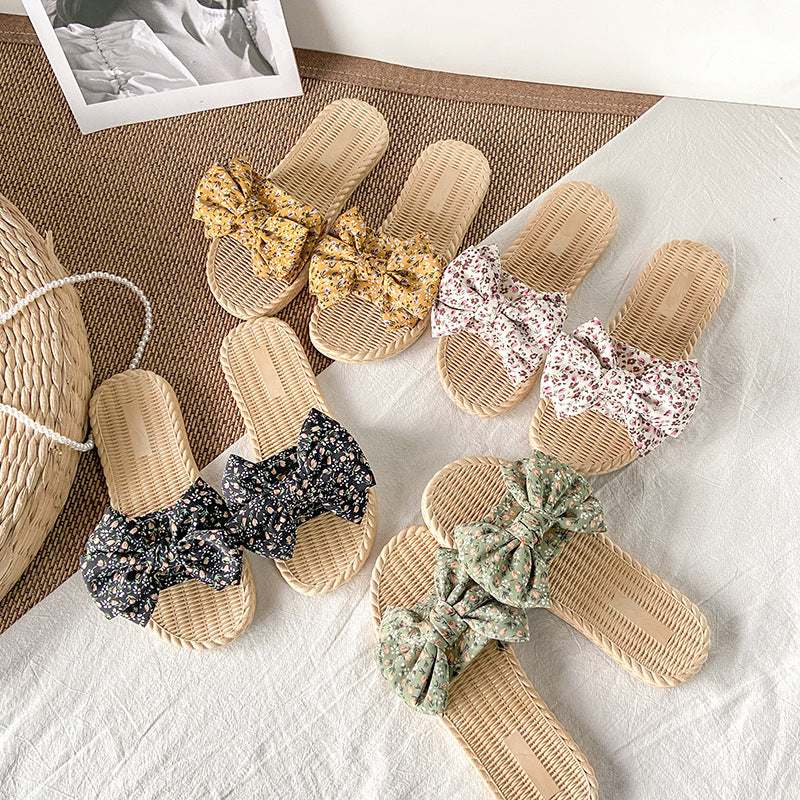 Women's flat sandals - fairy style, new korean style for summer 2024, versatile bowknot beach slides