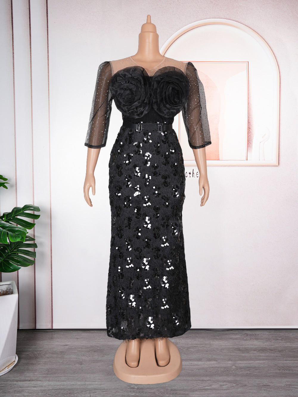 African  banquet party evening dress european and american style women's clothing organza patchwork sequin flower plus size dress
