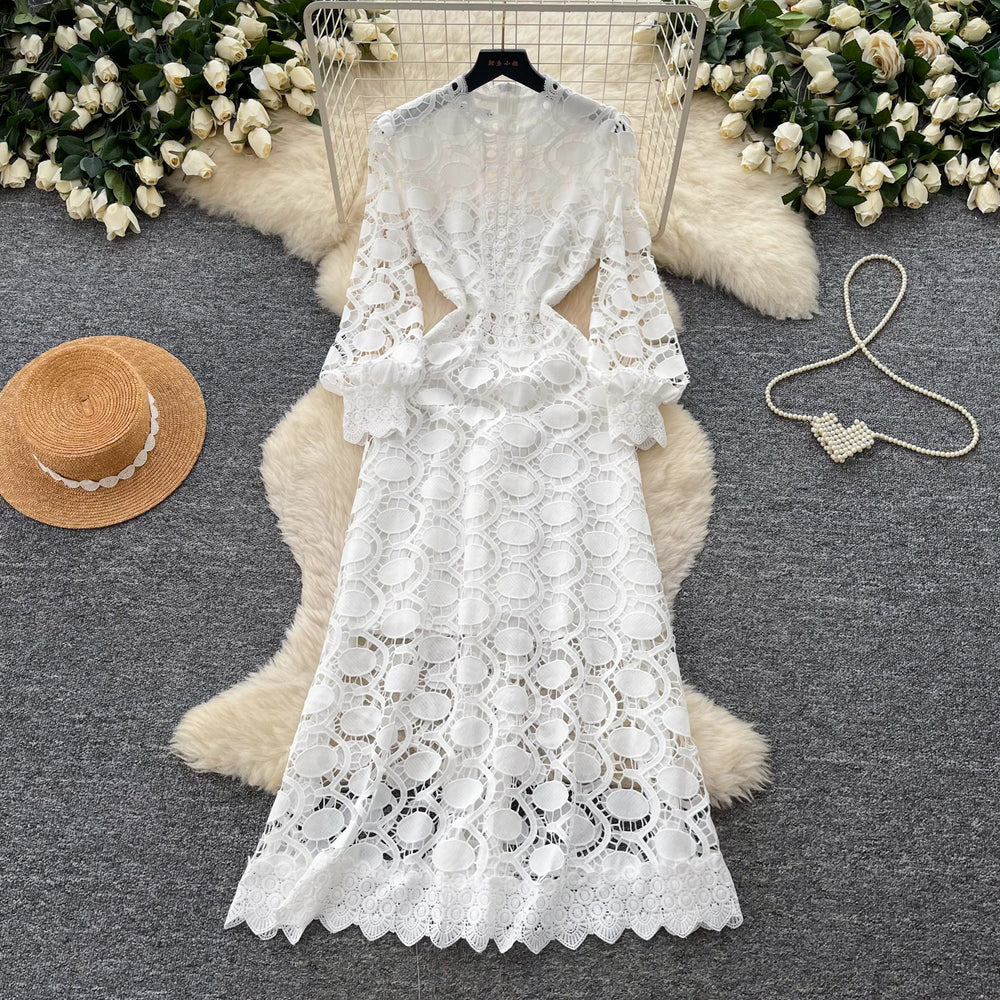 French riviera style heavy knit crochet dress - women's summer korean style white a-line dress - high-end slimming fit