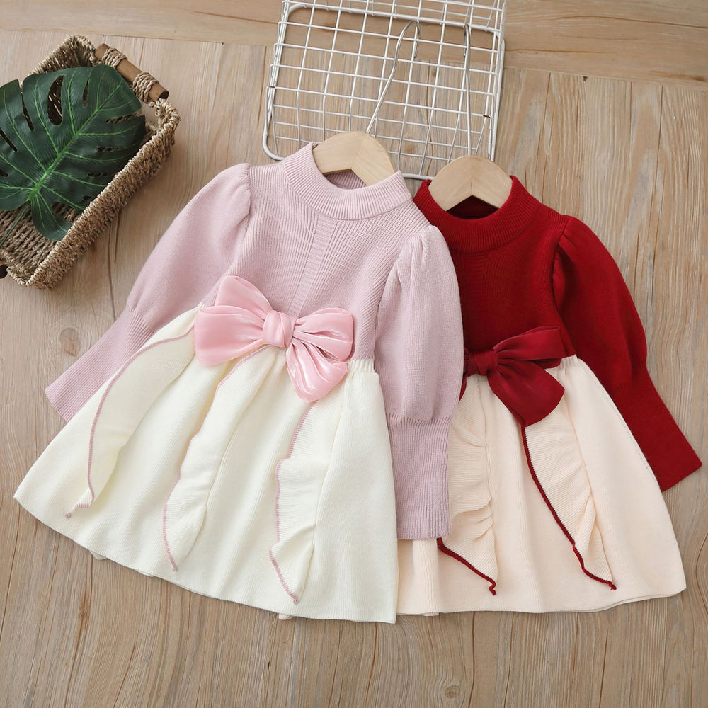 new year's & christmas girls' sweater dress - children's knitted sweater dress with bow detail, sweet & chic style