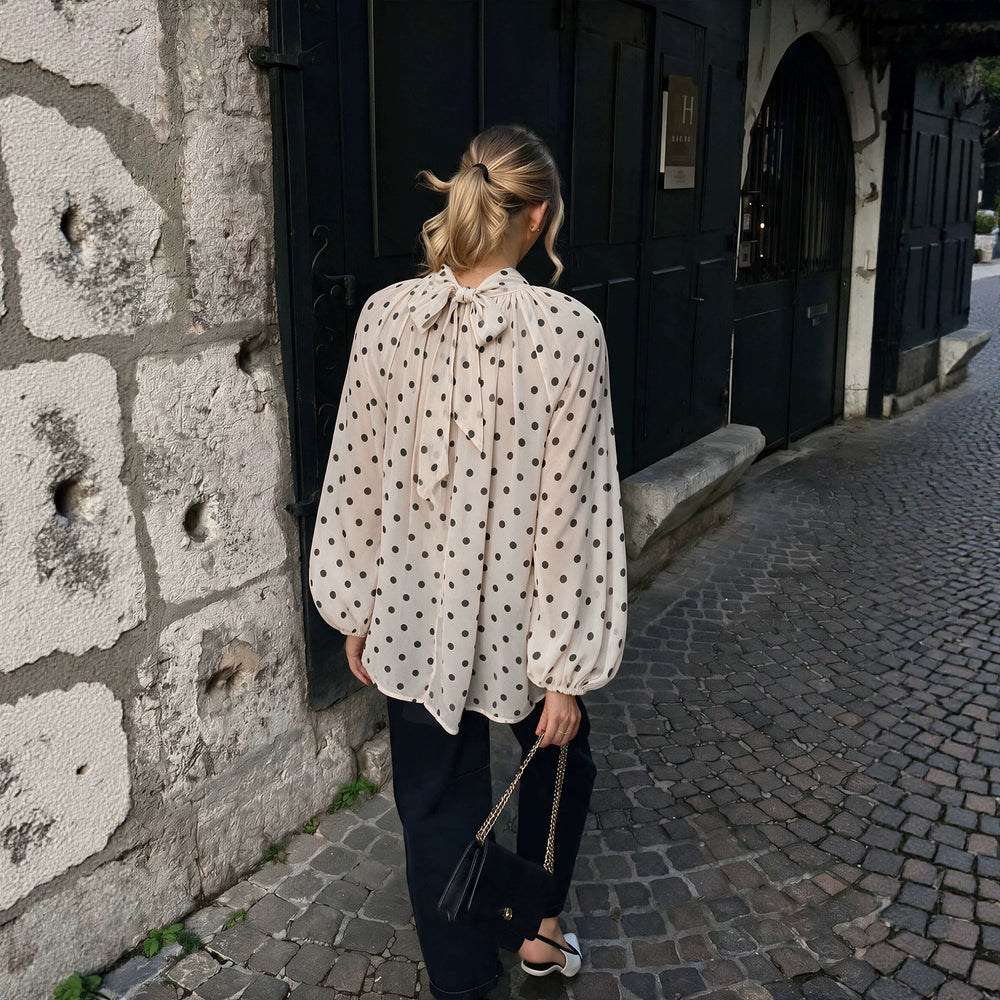 French retro polka dot chiffon blouse - semi-high neck, loose fit, oversized lantern sleeves, long sleeve top - stylish and versatile