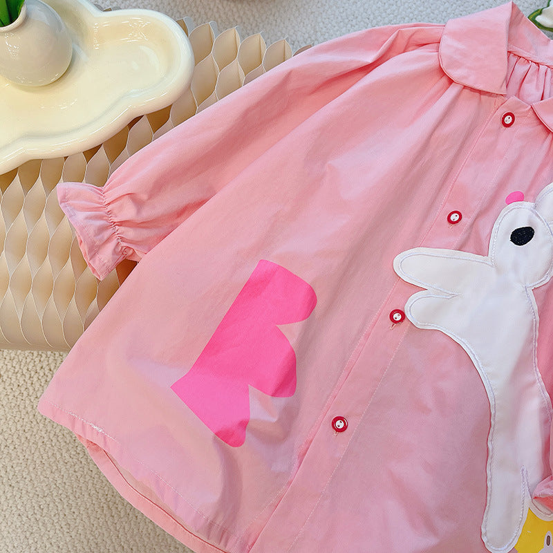 Girls' autumn new arrival: pure cotton doll shirt, long-sleeved blouse, cartoon pink baby girl shirt,  fashionable sweet style