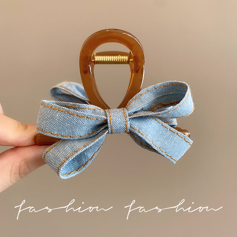Korean new fashion back of head blue denim bow transparent gray hair clip claw clip shark clip hair accessories for women