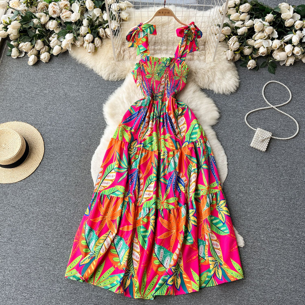 Hainan sanya travel & leisure dress - new summer collection: strapless bandeau, off-the-shoulder, cinched waist, maxi swing, printed dress for women