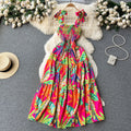 Hainan sanya travel & leisure dress - new summer collection: strapless bandeau, off-the-shoulder, cinched waist, maxi swing, printed dress for women