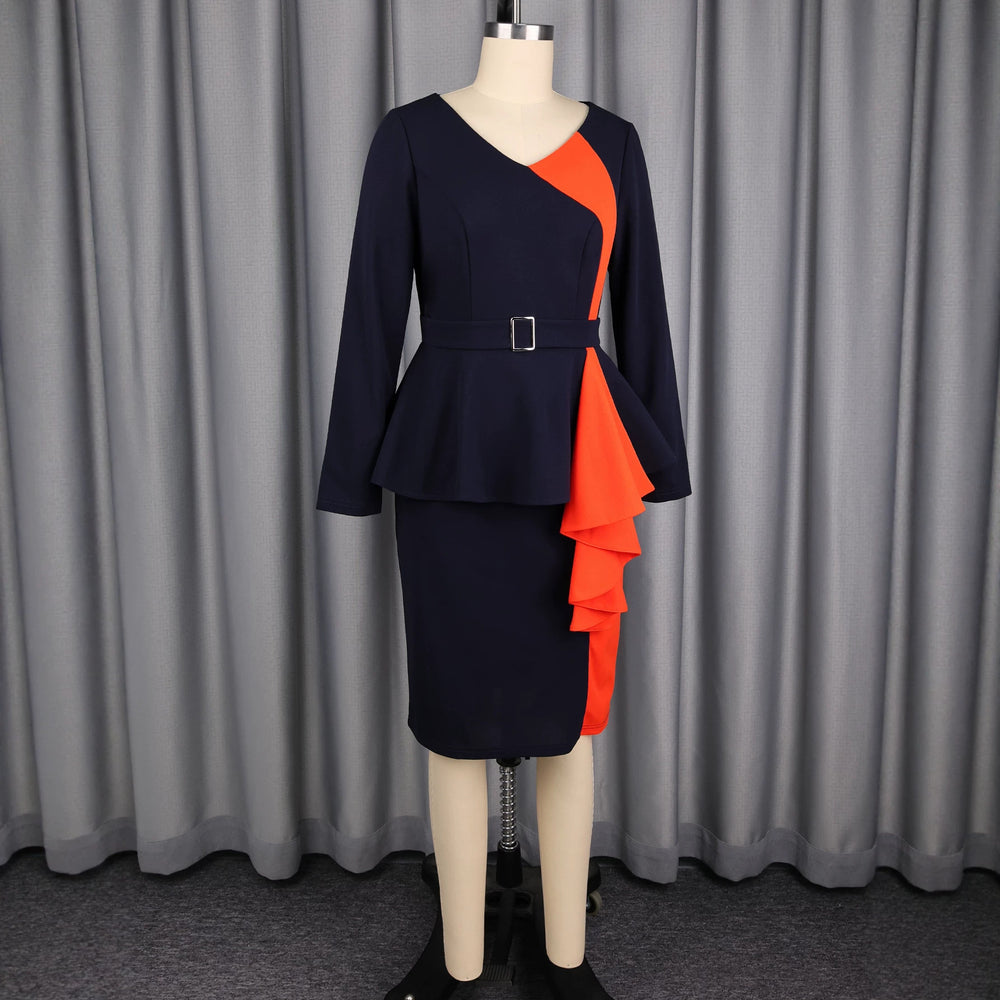 Autumnew arrivalwork clothingpatchworkcontrast colorlong sleeves one-step skirt silm belt ruffles hip-covering dressdress