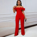 D523  european and american style sexy bodycon solid color off-the-shoulder ruffle trim short sleeve jumpsuit