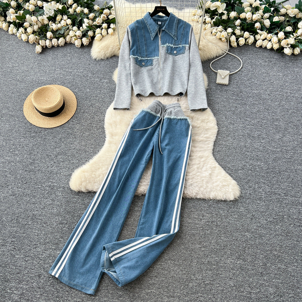 Stylish women's fall/winter outfit: premium patchwork long-sleeve denim top & high-waisted, slimming wide-leg straight-leg pants two-piece set