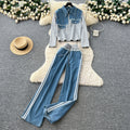 Stylish women's fall/winter outfit: premium patchwork long-sleeve denim top & high-waisted, slimming wide-leg straight-leg pants two-piece set