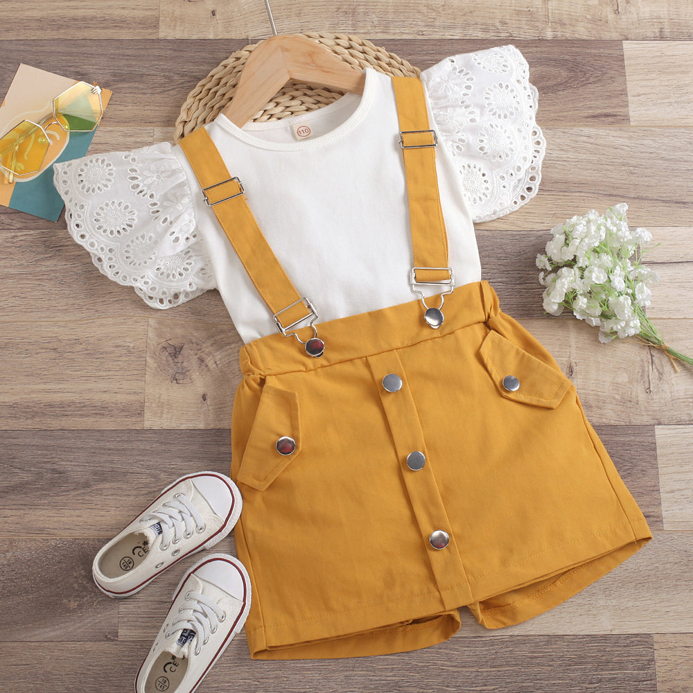european and american cross-border new arrival: solid color hollow-out flutter sleeve crew neck top with detachable strap shorts skirt set