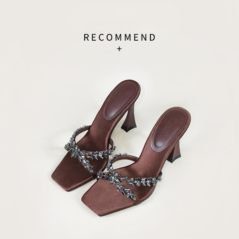 2026 summer european and american style silk satin stiletto heel crossover rhinestone square toe open toe sandals - women's high heel slippers - fashionable and sexy