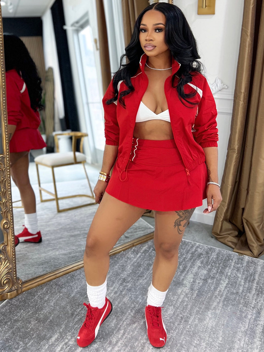 Long sleeves zipper contrast color stand collar jacket drawstring pleated culottes women's two-piece settwo-piece set outfit