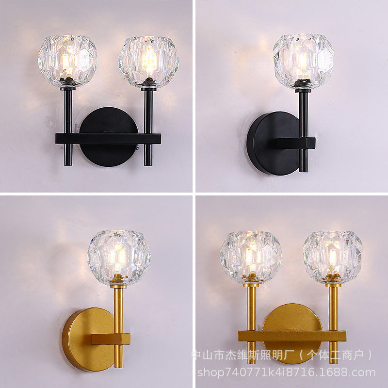 Modern french brass three-dimensional faceted crystal glass wall sconce - luxury soft lighting for b&b guest rooms and bathroom mirrors