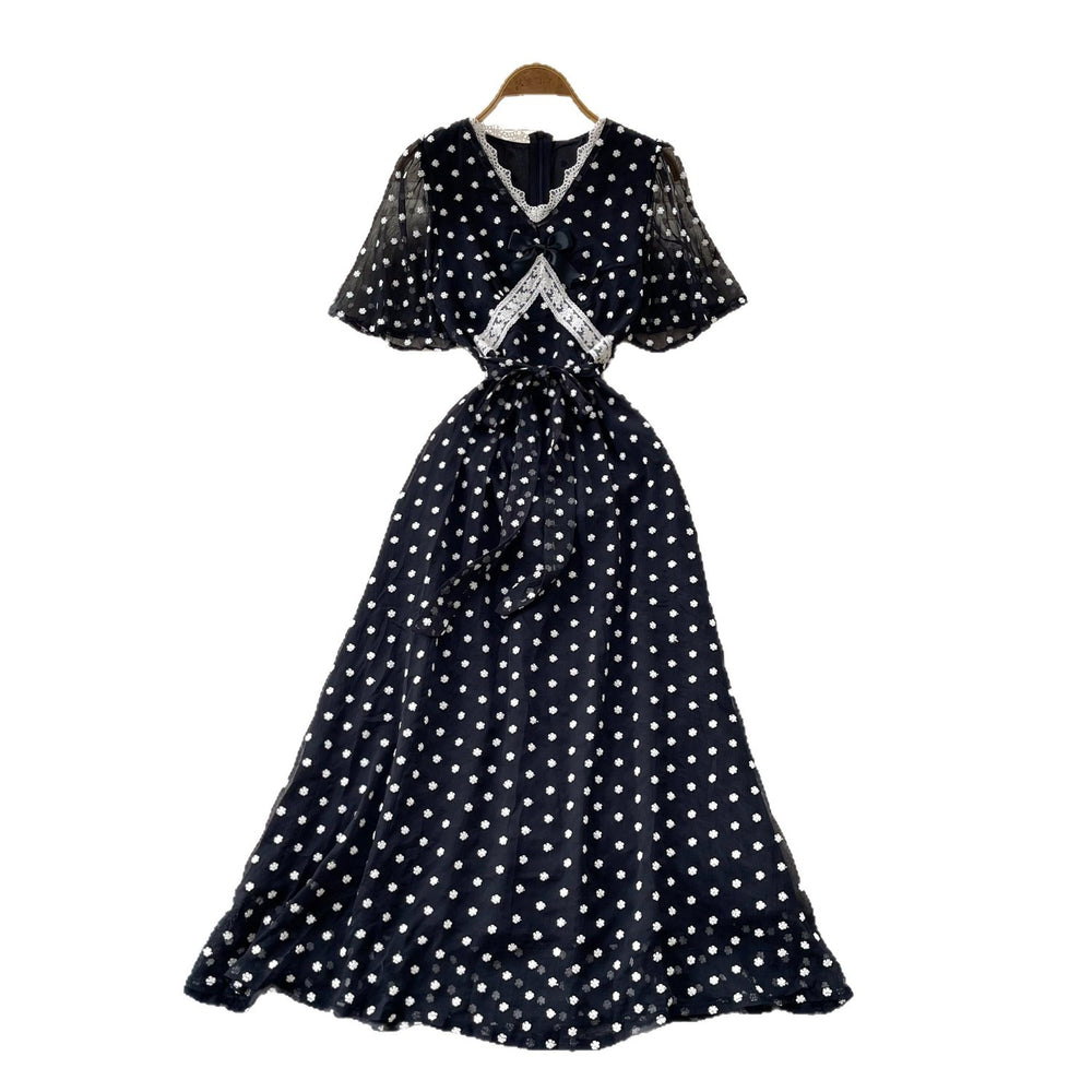 Ladies style black polka dot mesh dress women's summerv neck short sleeve high waistslimming look a-line long skirtelegant