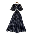Ladies style black polka dot mesh dress women's summerv neck short sleeve high waistslimming look a-line long skirtelegant