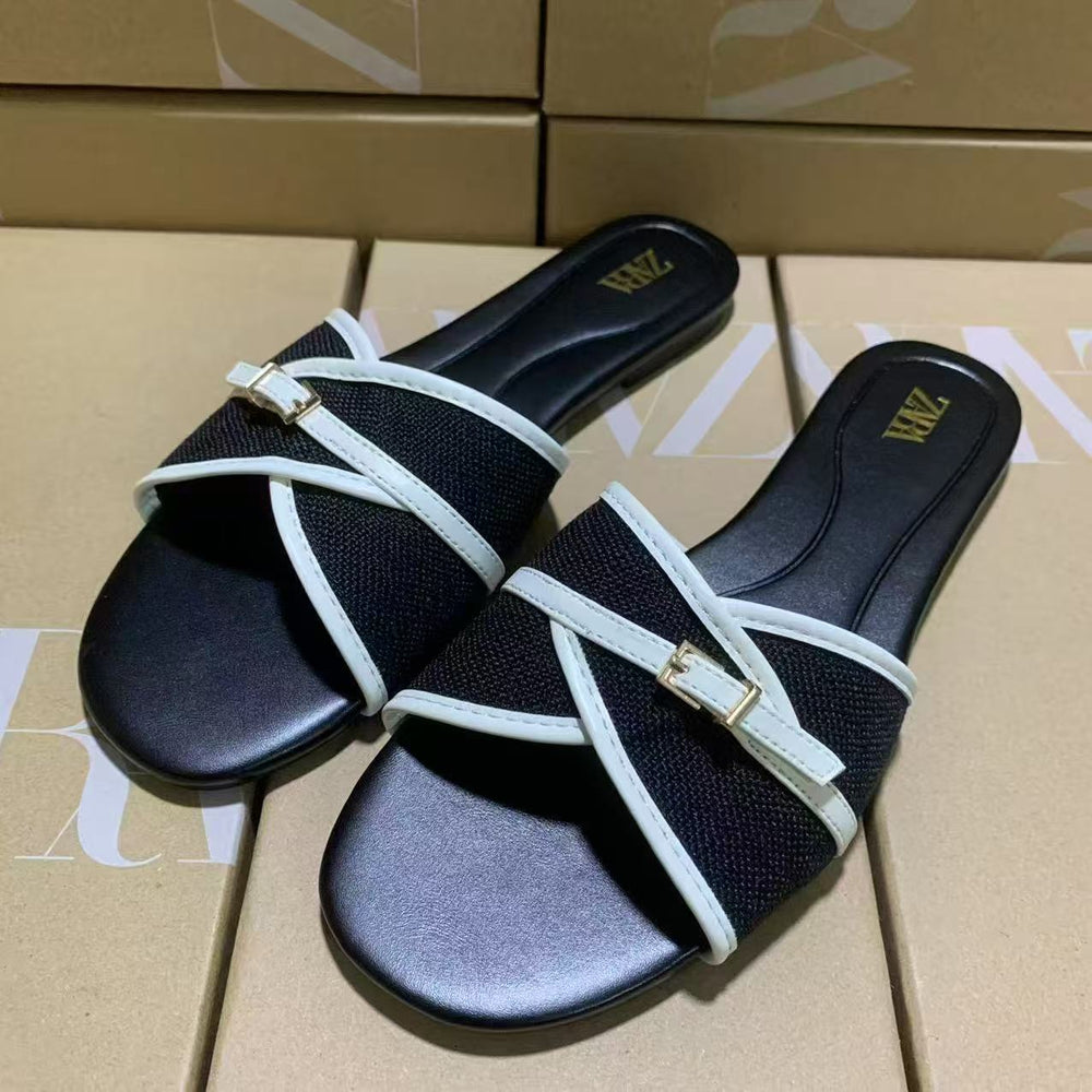 Za2025new arrival shoes new product banquet shoes slippers fashion square toe flats sandals women's shoes cross buckle women's shoes