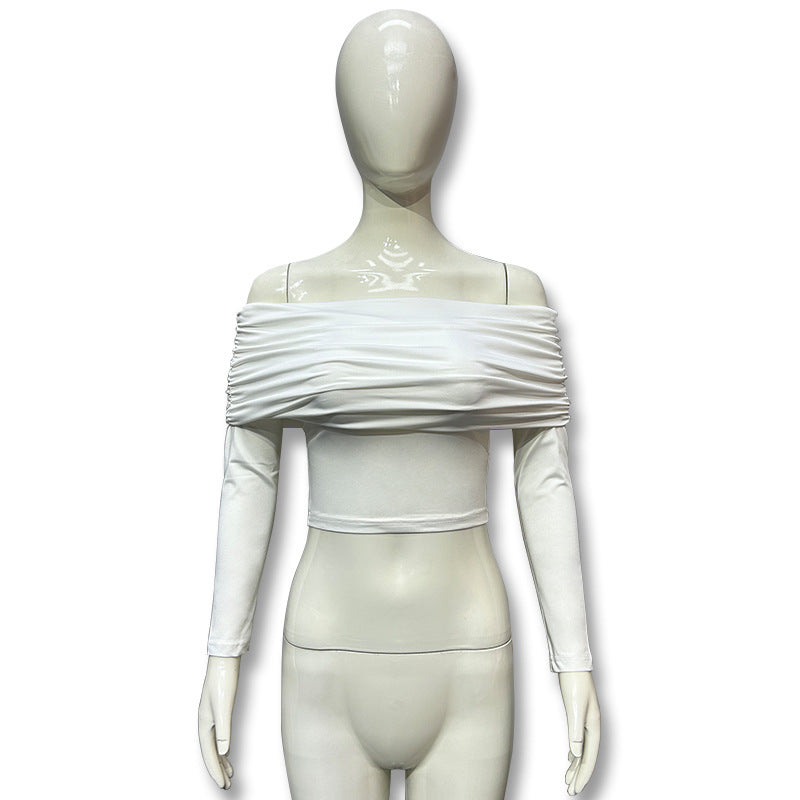 european and american foreign trade sexy fashion off-the-shoulder bandeau top ruched slimming crop t-shirt