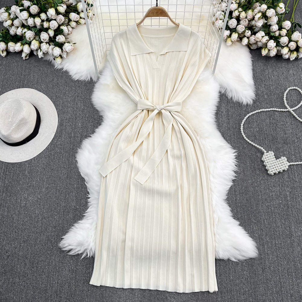 summer french retro chic polo collar loose fit waist tie a-line knit maxi dress