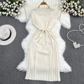 summer french retro chic polo collar loose fit waist tie a-line knit maxi dress