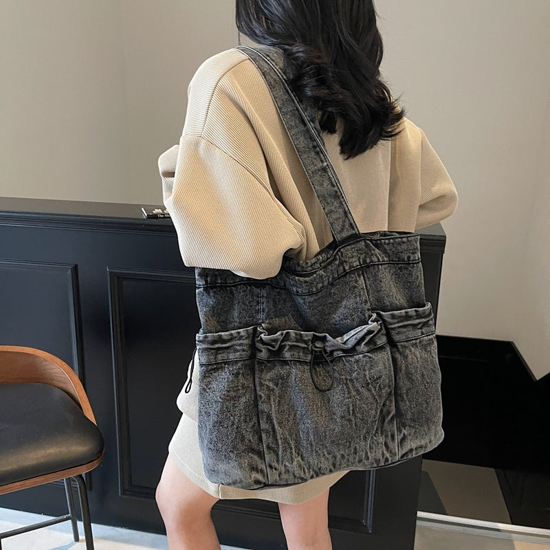 Cross-border new denim shoulder retro bag female Mori casual backpack new trendy cool simple commuter tote bag